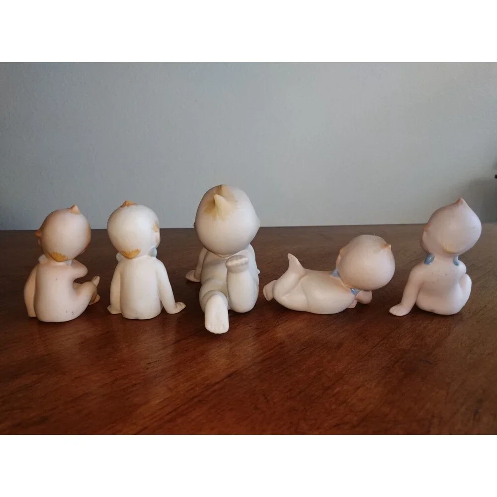 5x Vintage Lefton? Bisque Rose O'Neill Kewpie Doll Blue Wings 4 Mini + 1 Bigger